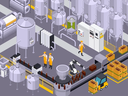 Brewery beer production isometric composition with view of factory facilities with keeves and tubes with workers vector illustration