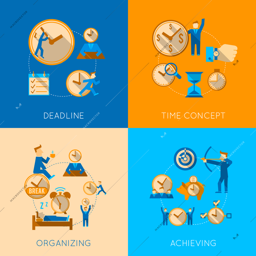 Get organized meeting deadline time management efficiency achieving concept flat icons composition isolated vector illustration