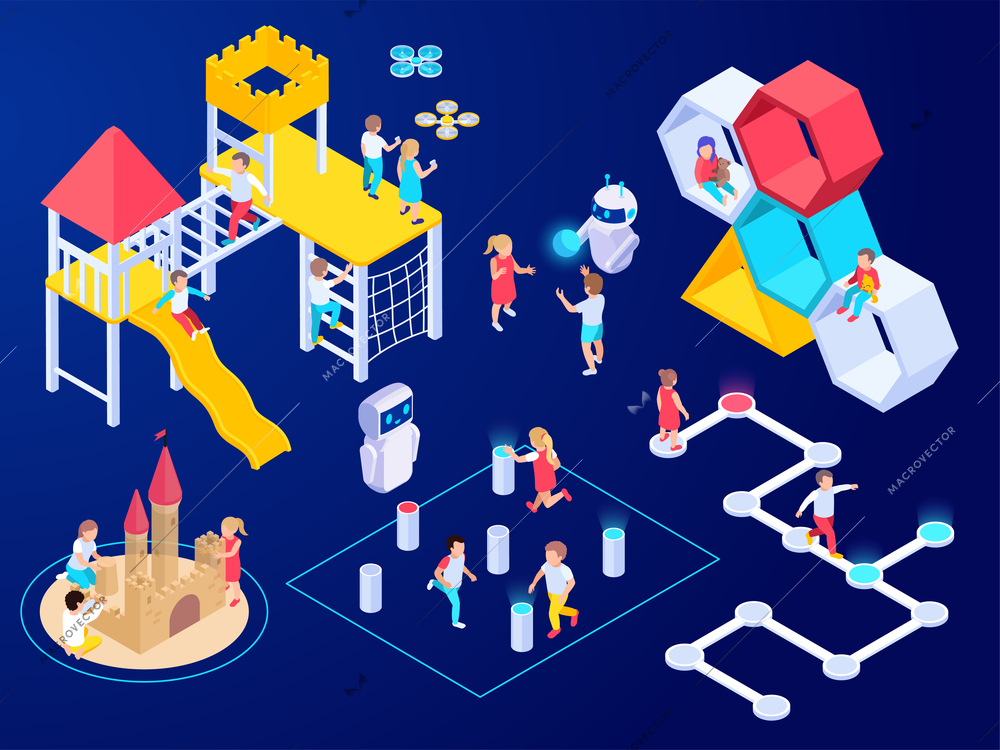 Modern futuristic playground isometric composition with isolated images of play equipment with kids drones and robot vector illustration