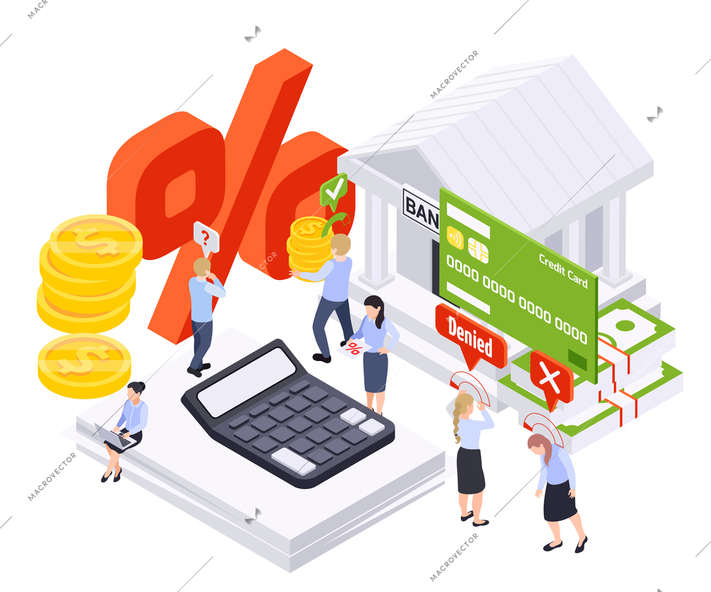 Bank loan isometric composition with images of bank building and calculator with coins and clerk characters vector illustration