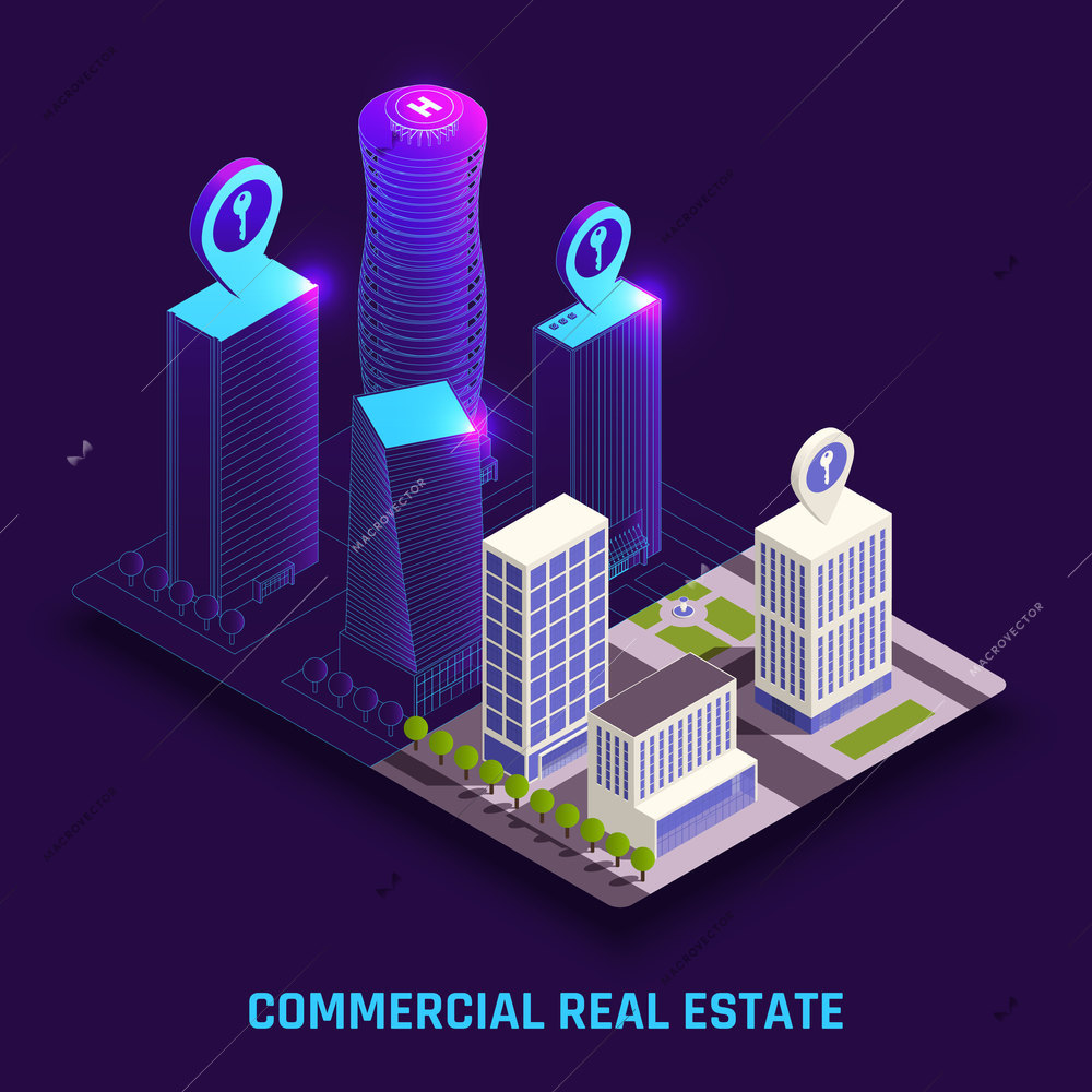 Commercial real estate digital twins predictive modelling simulations physical building assets virtual presentation isometric composition vector illustration