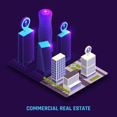 Commercial real estate digital twins predictive modelling simulations physical building assets virtual presentation isometric composition vector illustration