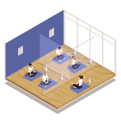 Gym fitness class pandemic precautions yoga teacher participants in masks separated with plastic barriers isometric composition vector illustration