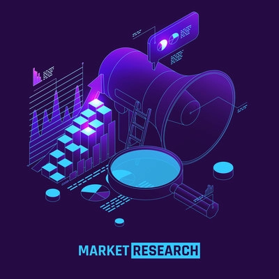 Digital twin technology market research analysis evaluation forecast isometric composition with virtual diagram megaphone magnifier vector illustration