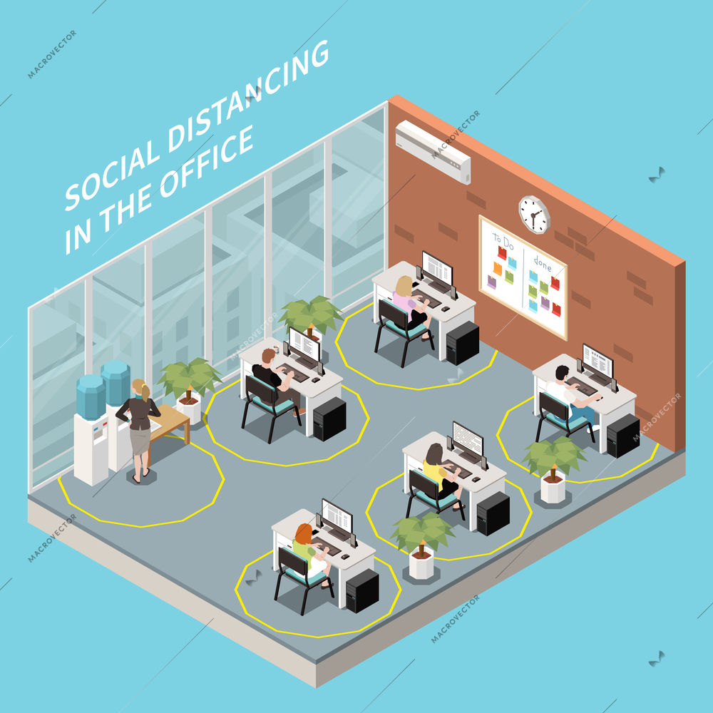 Social distancing isometric composition with indoor view of office with working places far from one another vector illustration