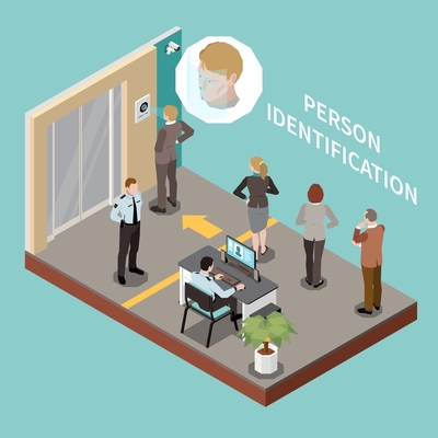 Biometric authentication isometric composition with security check area and people standing in line for facial recognizing vector illustration