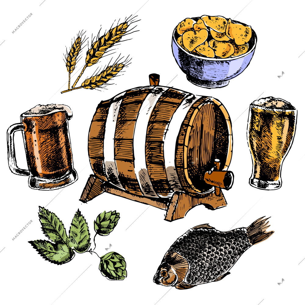 Beer icons set with oak barrel hop malted barley grain and snacks colorful pictograms isolated vector illustration