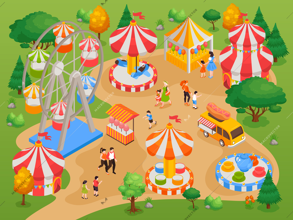 Amusement park for children with attractions and fun isometric background vector illustration