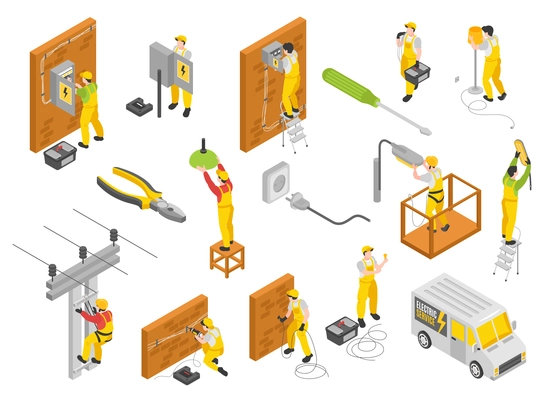 Electrician isometric color set with equipment and service symbols isolated vector illustration