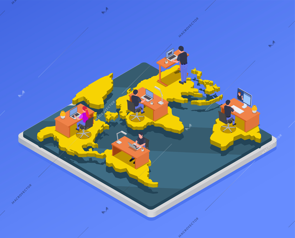 Isometric map with characters of remote workers from different parts of the world on blue background 3d vector illustration