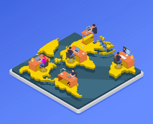 Isometric map with characters of remote workers from different parts of the world on blue background 3d vector illustration