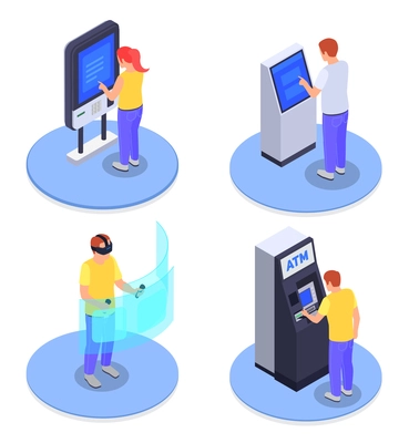 Isometric 2x2 design concept with people using interfaces atm information kiosk virtual screen isolated vector illustration