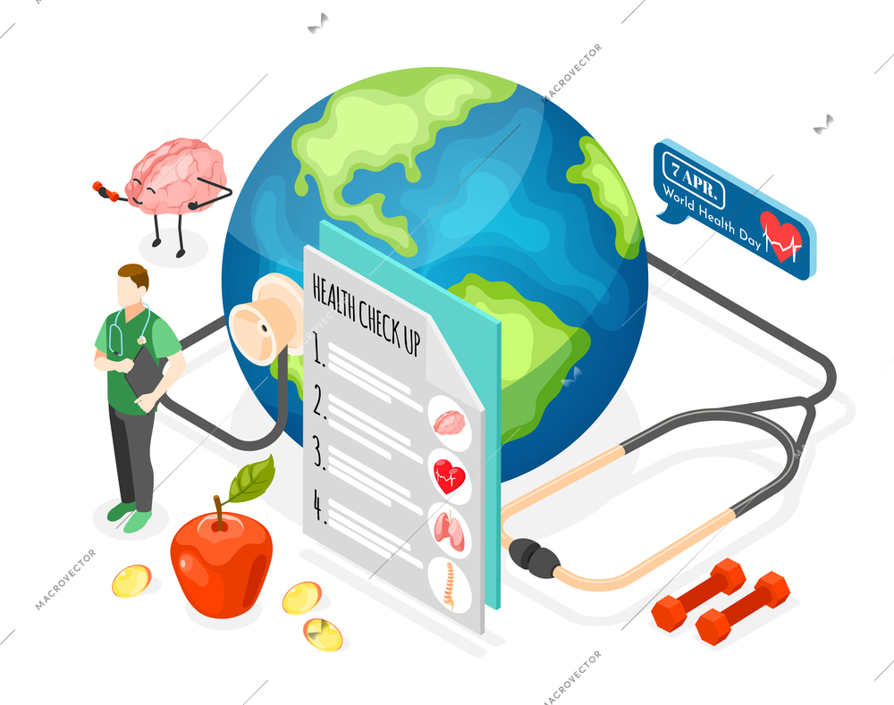 World health day isometric composition with character of doctor earth smiling brain stethoscope apple vector illustration