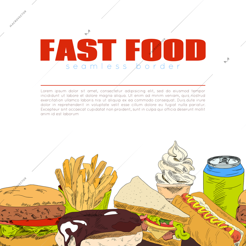 Quality fast food consumption health risk infografic seamless border print banner with burger sandwich donut vector illustration