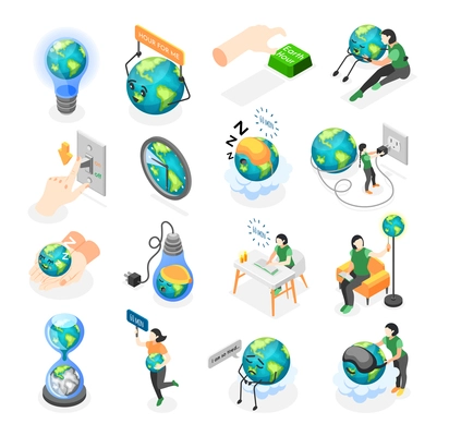 Earth hour isometric icons set with human characters taking care of our planet switching off light isolated vector illustration