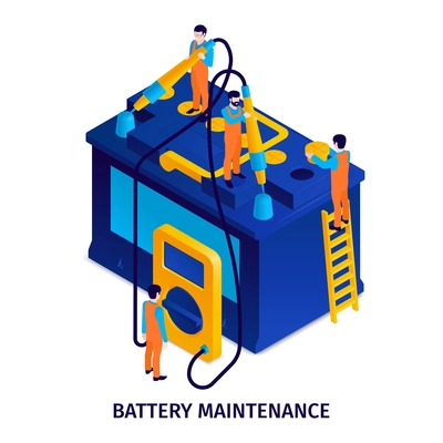 Car maintenance isometric design concept with  big icon of battery and little characters of working staff vector illustration