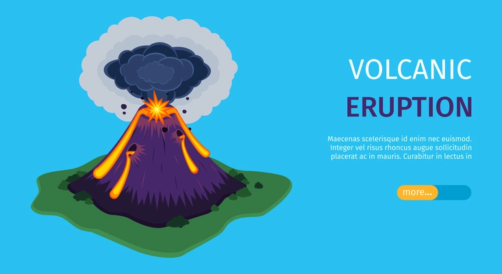 Volcano eruption blue horizontal banner with image of active volcano and more information button isometric vector illustration