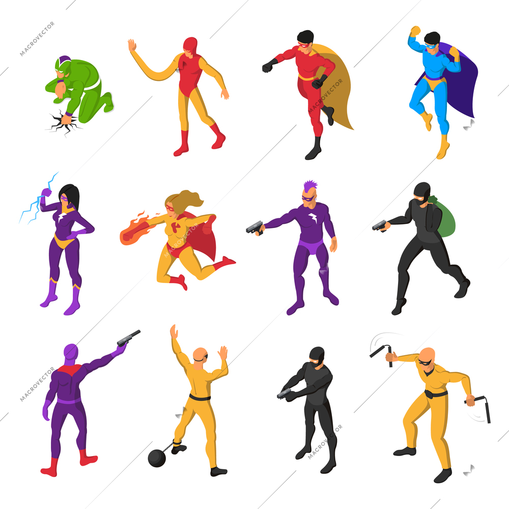 Superheroes supervillains characters isometric bright colorful figures set with flying heroes robber evil lightning power vector illustration