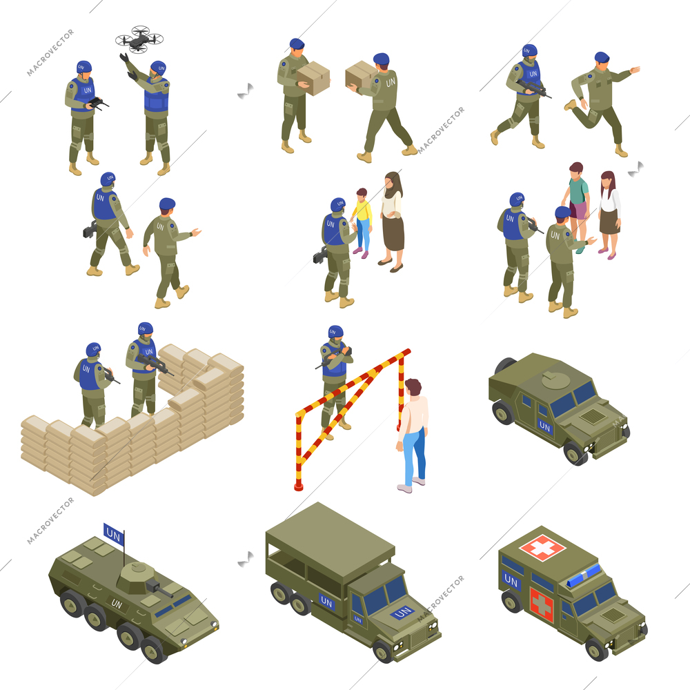 UN peacekeepers soldiers military officers providing humanitarian assistance using drones armed convoy vehicles isometric set vector illustration