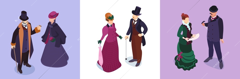 Isometric victorian fashion design concept with set of three square compositions with people in medieval clothes vector illustration