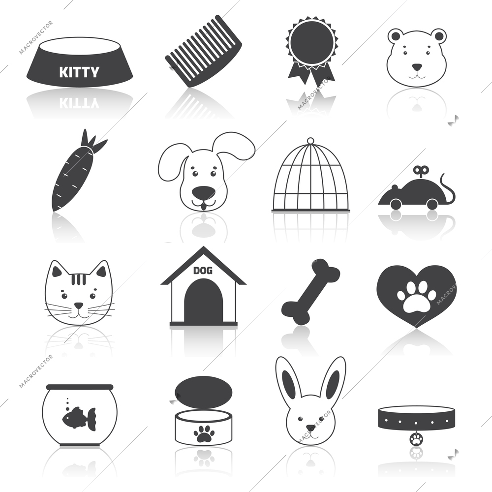 Pets icons set black with animal care pictogram isolated vector illustration