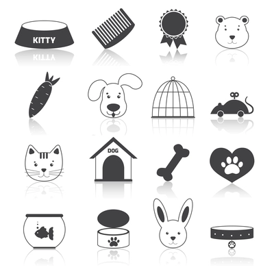 Pets icons set black with animal care pictogram isolated vector illustration