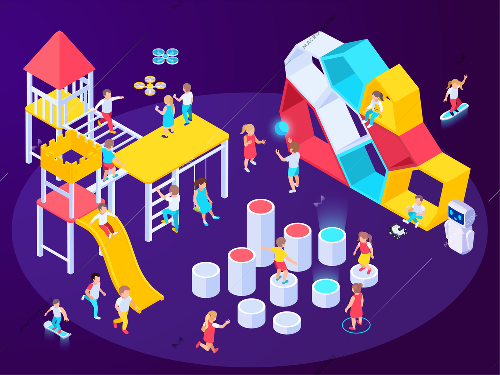 Modern futuristic playground isometric composition with images of play equipment with holograms robots and playing kids vector illustration