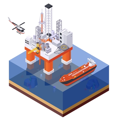 Oil petroleum industry isometric composition with view of offshore structure platform with ship and flying helicopter vector illustration