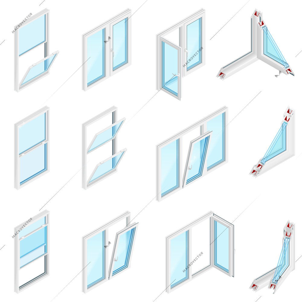 Inside view of isolated single double and three casement windows and elements of profile construction isometric vector illustration