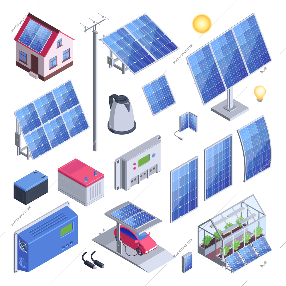 Solar energy color set of eco home and greenhouse with solar panels counter controller electric car isolated icons vector illustration