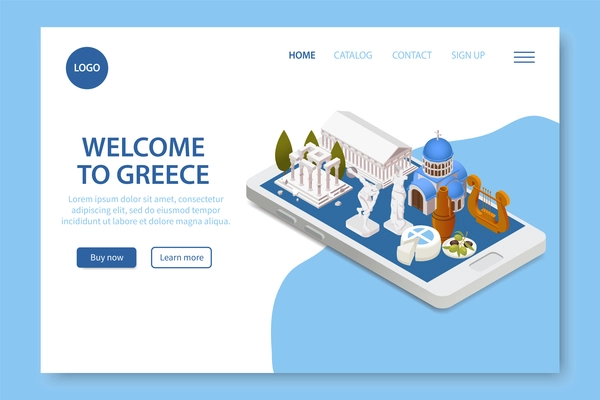 Welcome to greece isometric travel website page with parthenon landmark tourists attractions on smartphone screen vector illustration