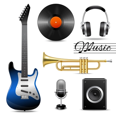 Realistic music entertainment performance equipment set of earphones microphone vinyl disk isolated vector illustration