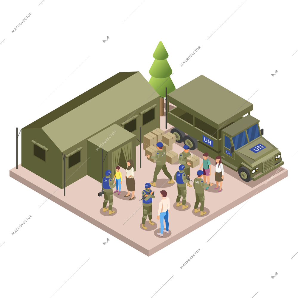 UN peacekeepers assist refugee camps with security measures vital goods supply humanitarian aid isometric composition vector illustration