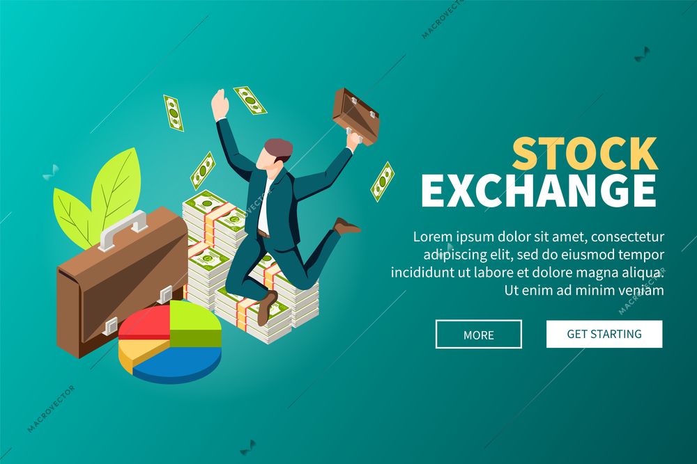 Stock exchange online trade with leading broker banknotes piles isometric background webpage trading platform website vector illustration