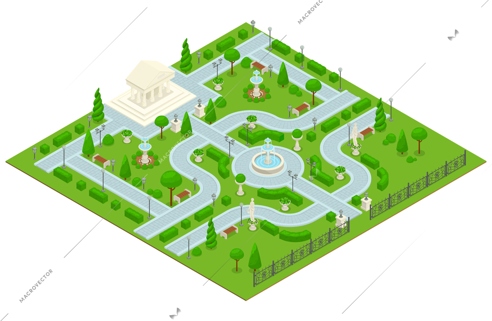 Colored isometric landscape design park composition with a small park with an architectural building and paths of lawn and green trees vector illustration