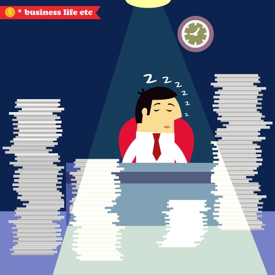 Business life. Businessman sleeping at the desk swamped with paper and documents vector illustration