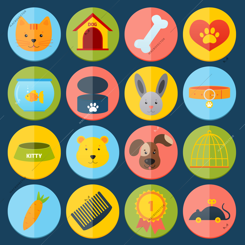 Pets icons set with cat dog fish rabbit isolated vector illustration