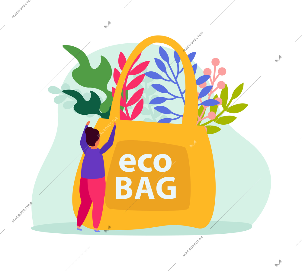 Flat concept icon with human character and yellow eco bag full of colorful plants vector illustration