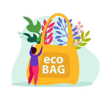 Flat concept icon with human character and yellow eco bag full of colorful plants vector illustration