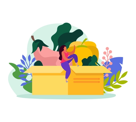 Flat design nature concept with character sitting on box with colorful vegetables vector illustration