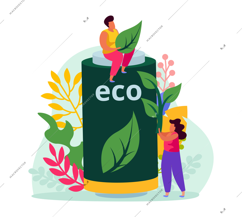 Ecology flat composition with two characters eco product green leaves colorful twigs vector illustration