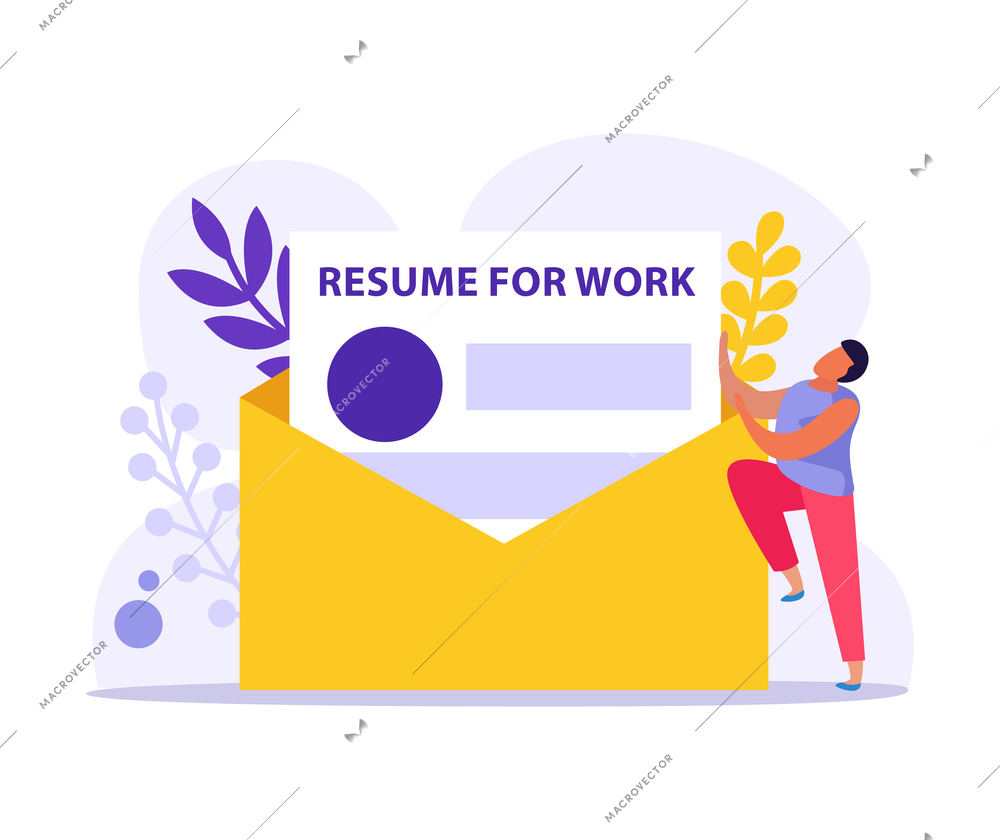 Employment document flat icon with resume for work in envelope and human character vector illustration