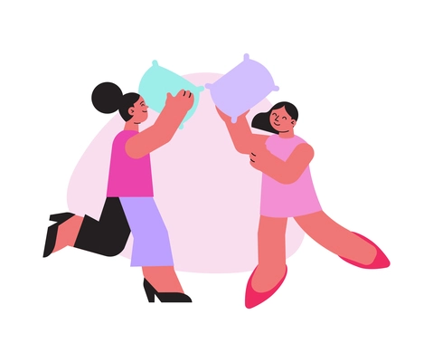 Two women friends having fun fighting with pillows flat icon vector illustration