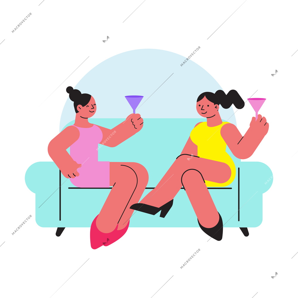 Two happy women relaxing on sofa with cocktail glasses flat icon vector illustration