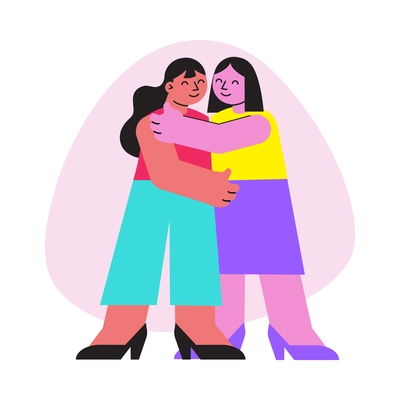 Flat icon with two cheerful women hugging vector illustration