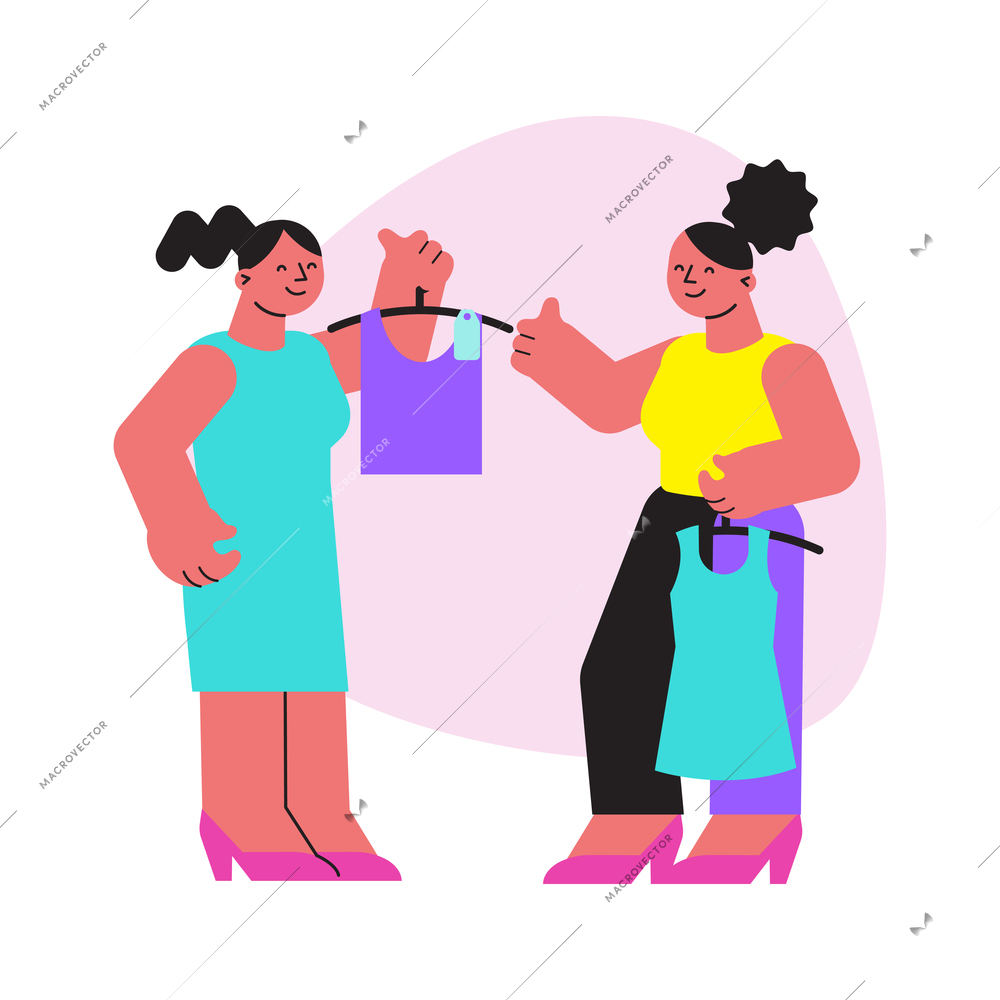 Women doing shopping at clothes store flat icon vector illustration