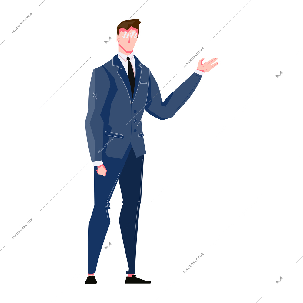 Flat icon with male tv host wearing suit and glasses on white background vector illustration