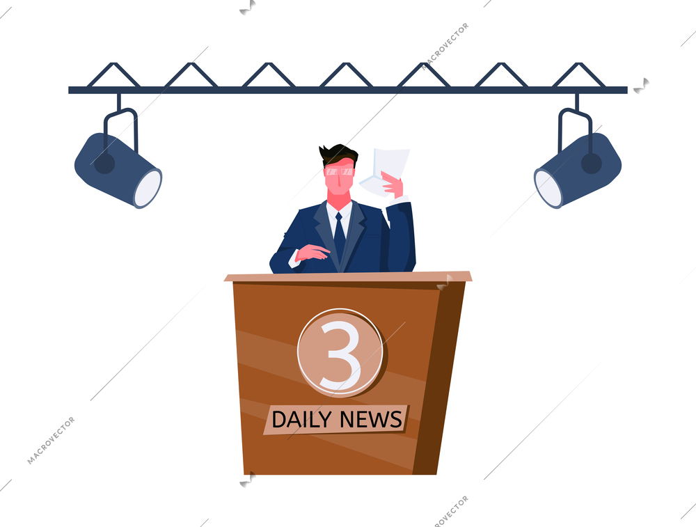 Flat icon with male news anchor and studio light on white background vector illustration