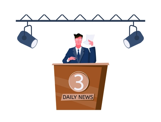 Flat icon with male news anchor and studio light on white background vector illustration