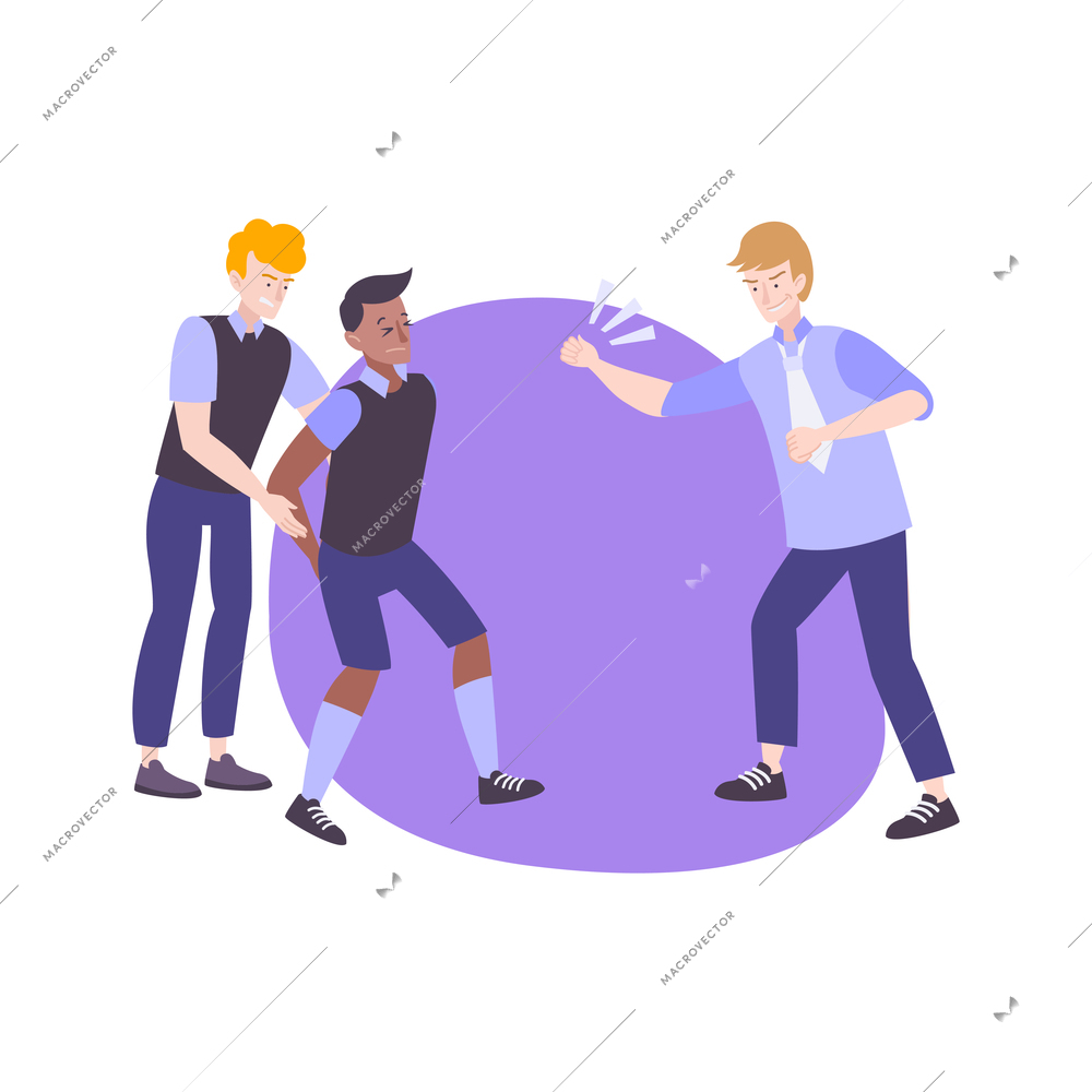 Physical bullying flat icon with boy getting bullied by two teens vector illustration